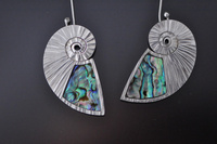 Styalised Nautilus Paua and Silver Hammer Forged Earrings
