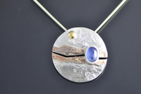 Blue Sapphire, Mokume Gane, 22ct Gold and Silver Pendant